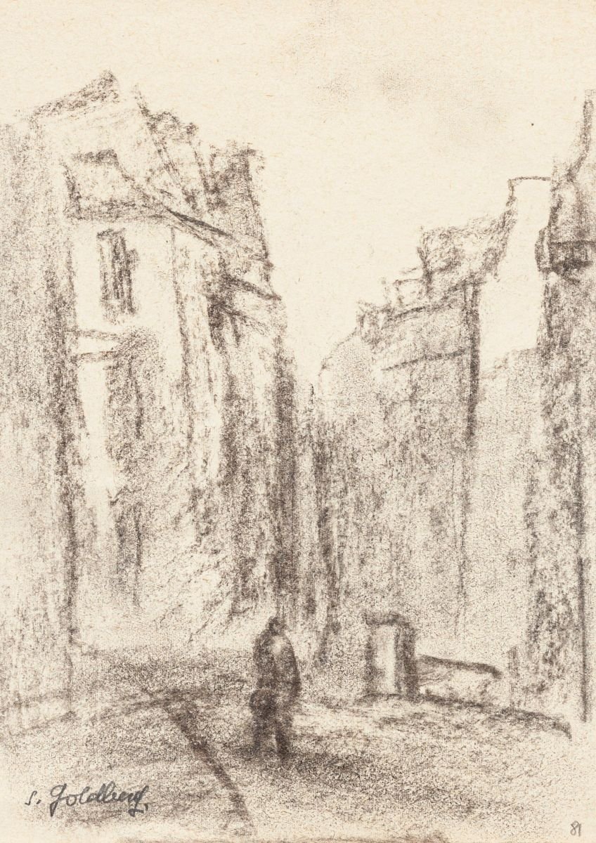 Village Original Charcoal Drawing by S. Goldberg Mid 20th Century