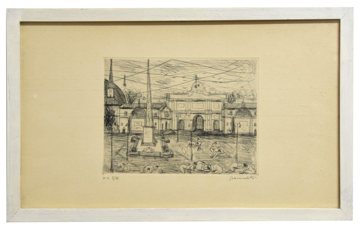 View of Piazza del Popolo, Rome Etching by N. Gattamelata Late 20th