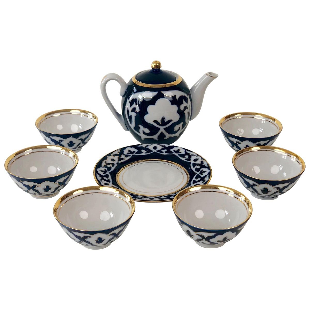 Central Asian HandPainted Porcelain Tea Set in Cobalt Blue & Gold