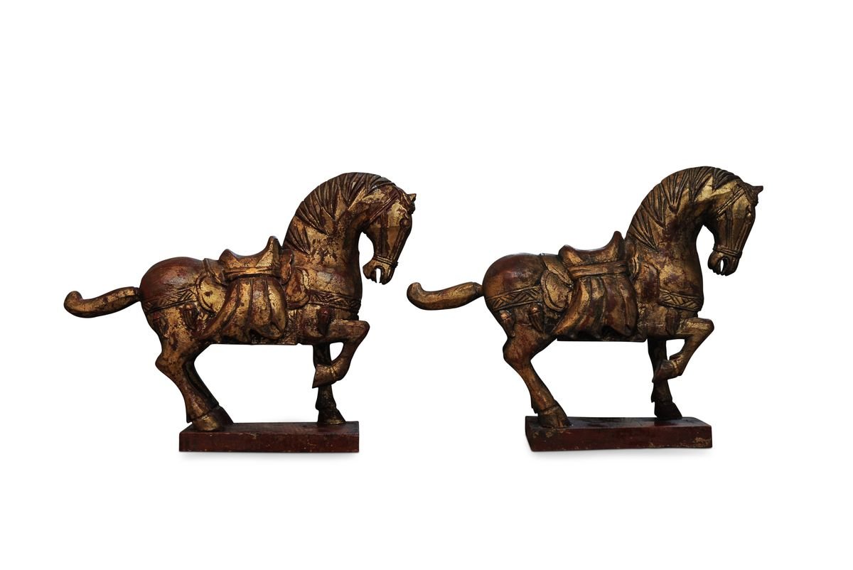 Chinese Tang Dynasty Style Decorative Carved Wood Horse Sculptures, Set