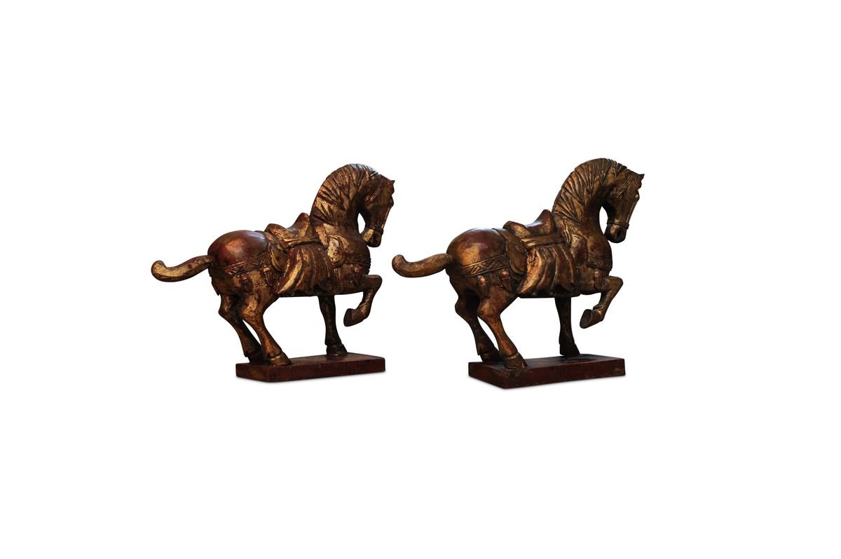 Chinese Tang Dynasty Style Decorative Carved Wood Horse Sculptures, Set