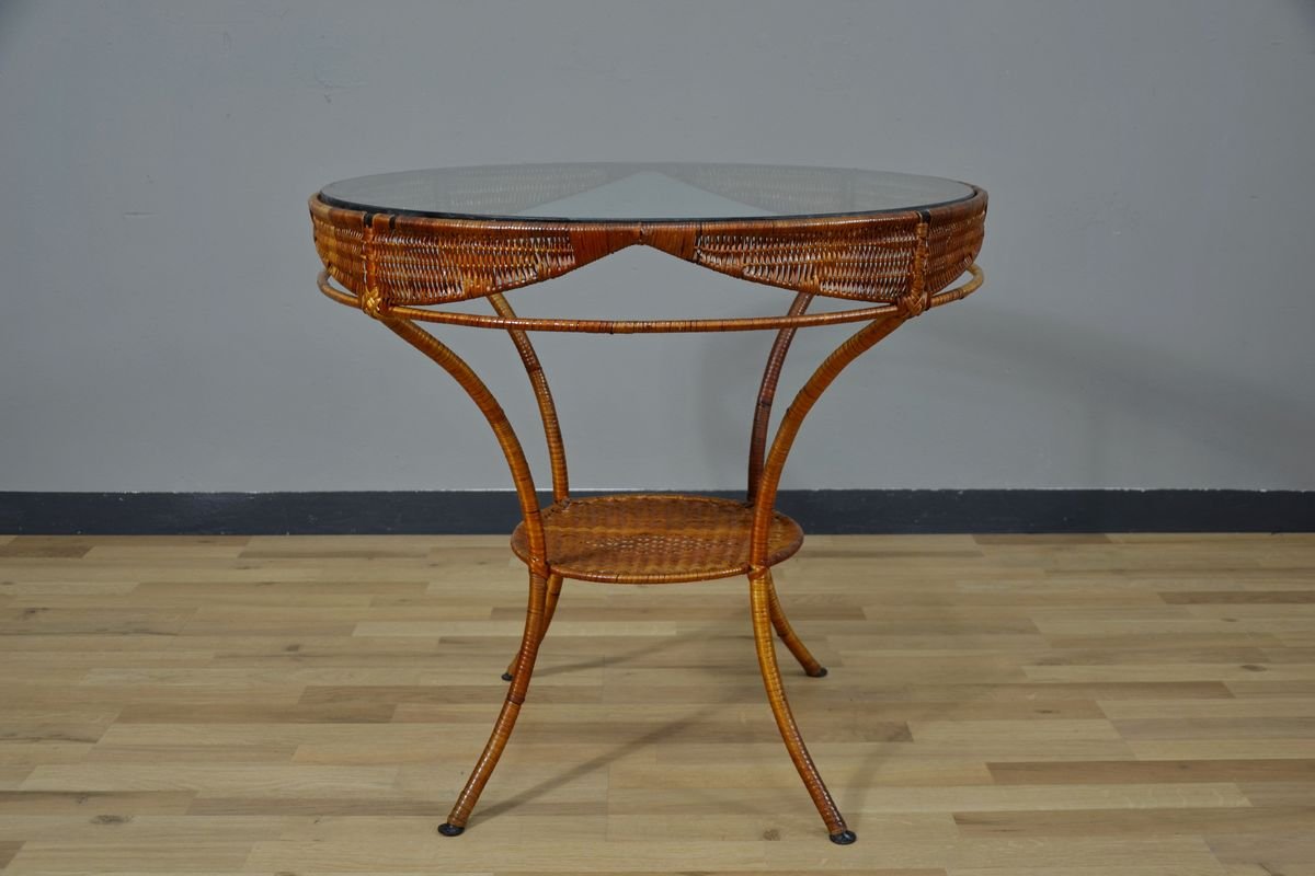 garden table in wicker metal and glass italy 1960s QZZ-796092