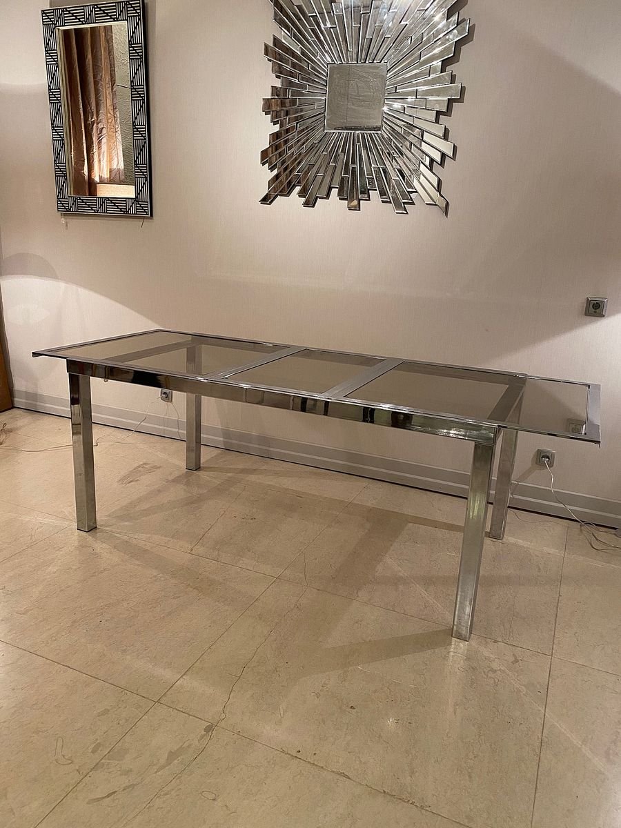 Vintage Metal Dining Table With Smoked Glass Top