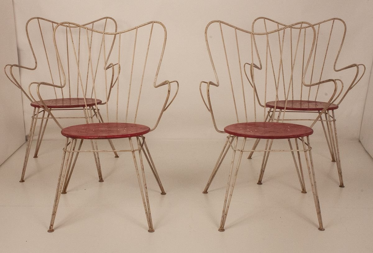 Sillas de jardín españolas en blanco y rojo, años 50. Juego de 4 en
