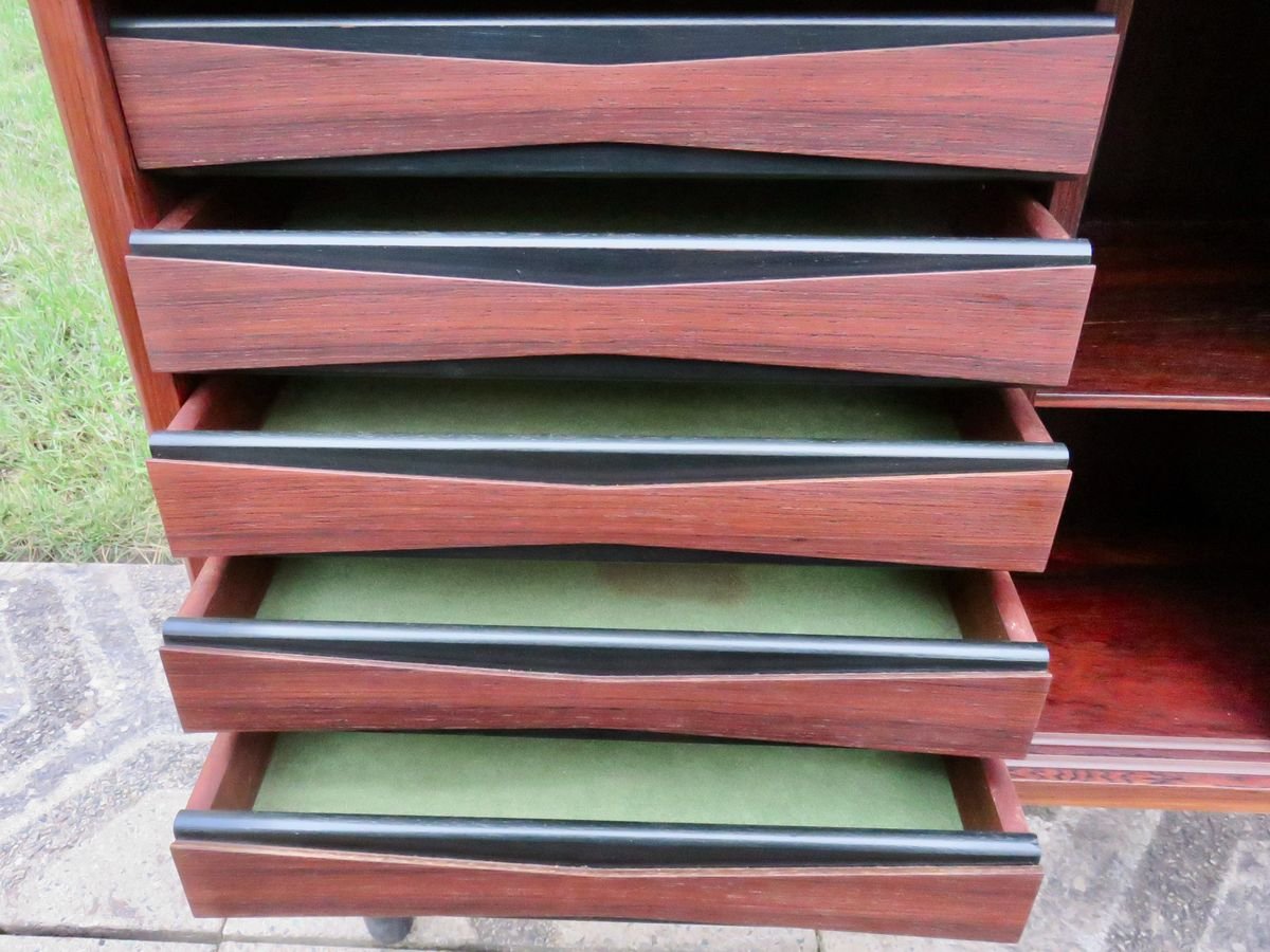 Long & Low Bookcase in Rosewood with Sliding Doors & Drawers from