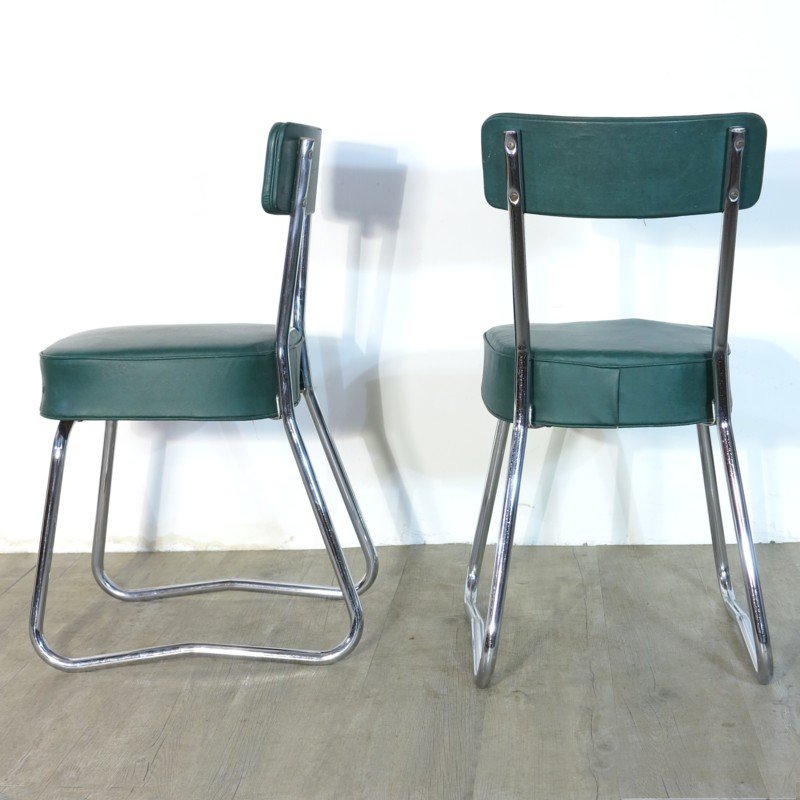 Industrial Steel Tube Chairs with Green Covers, 1950s, Set of 2 for