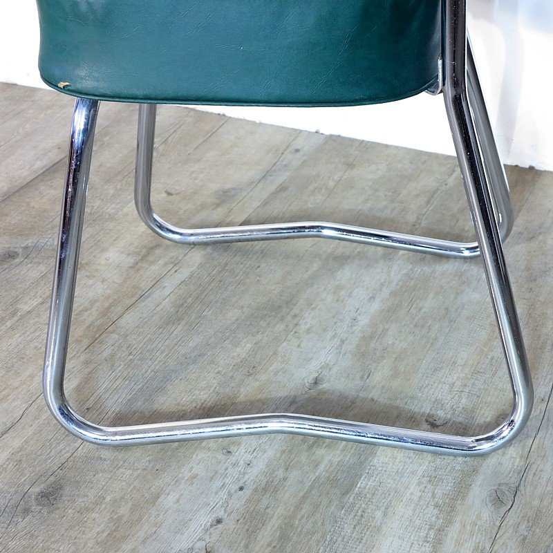 Industrial Steel Tube Chairs with Green Covers, 1950s, Set of 2 for