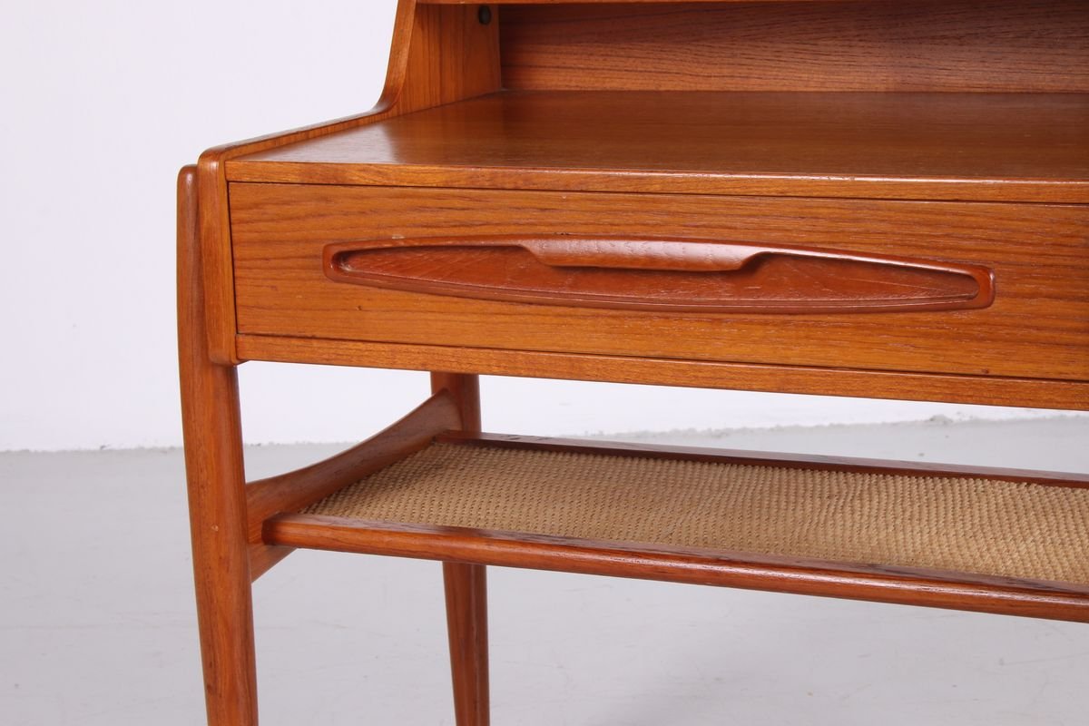 Danish Teak Side Table With Drawer and Rattan Shelf for sale at Pamono