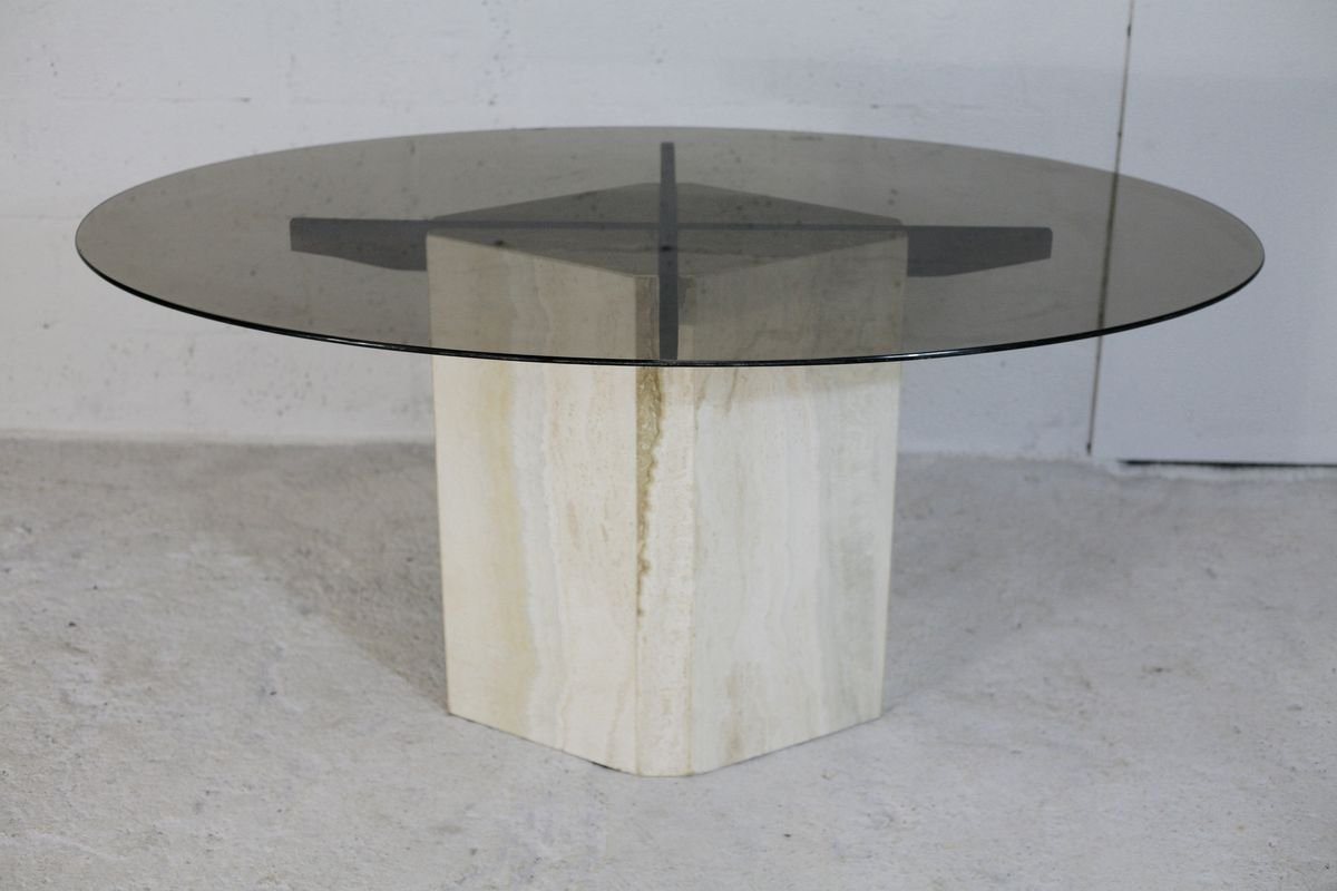 Dining Table With Stone Base And Smoked Glass Top