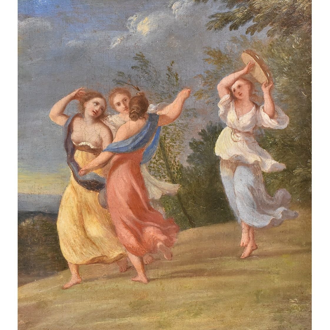 Antique Woman Portrait Painting, Muses Dancing, 18th Century, Oil