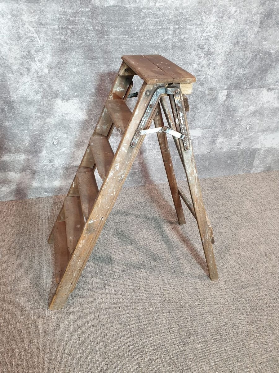 Vintage Wood Ladder Spattered Paint Wooden Step Ladder Side TableShelf