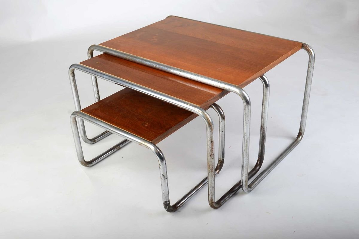 bauhaus style tubular steel nesting tables 1940s set of 3 VHD-836212