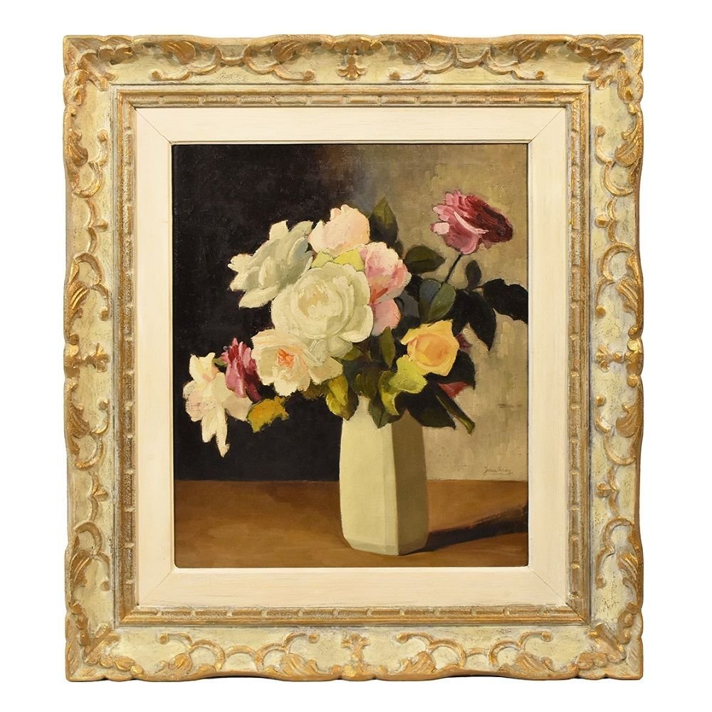 Still Life Painting Flowers Vase Painting Vase Of Roses Oil On Canvas 20th Century Art Deco For Sale At Pamono