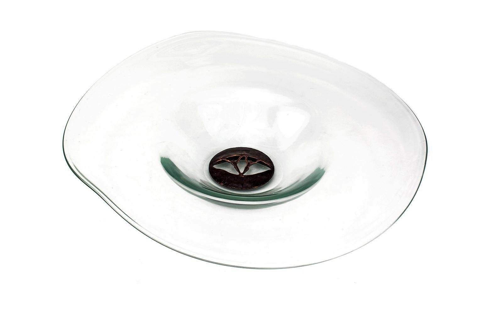 Large Hand Blown Clear Glass Dish with Central Bronze Figurative Sculpture for sale at Pamono