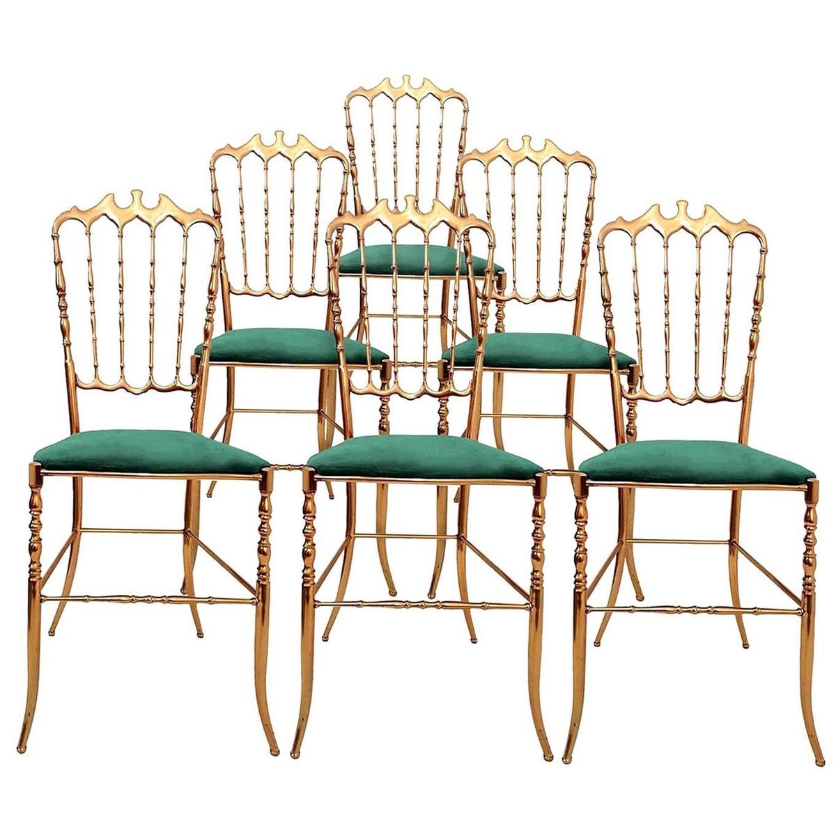 Italian Brass Chiavari Chair Upholstered in Emerald Green Velvet for