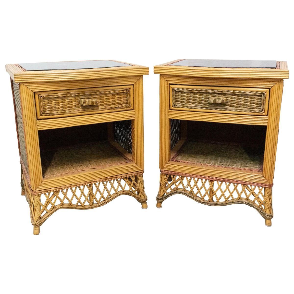 Rattan Nightstands with Mirrored Tops, Set of 2 for sale at Pamono