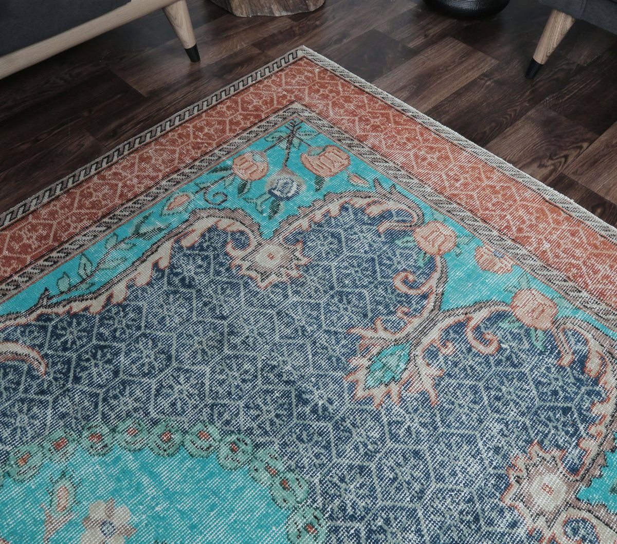 5x8 Vintage Turkish Oushak Handmade Blue Teal Wool Rug For Sale At Pamono