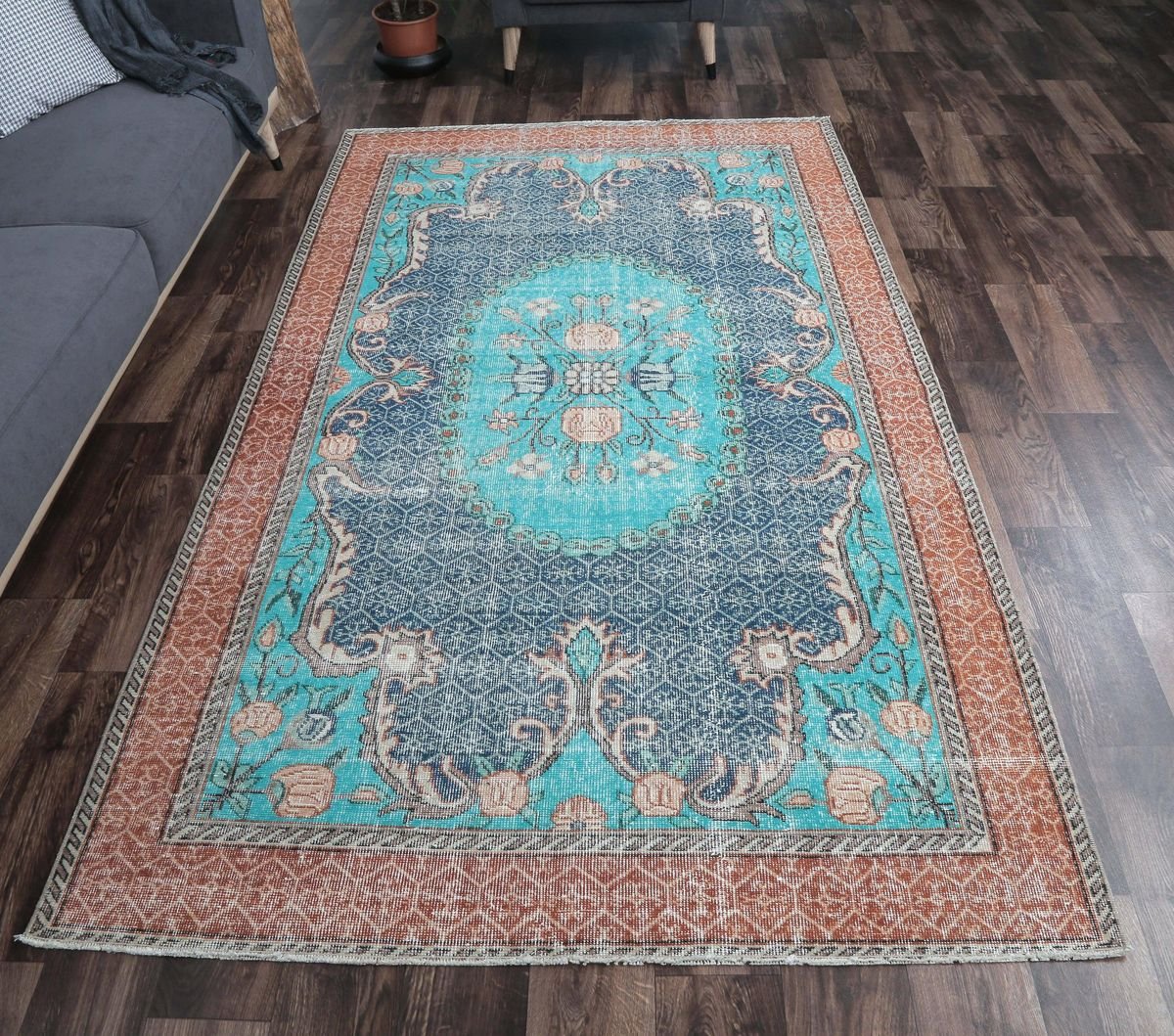 5x8 Vintage Turkish Oushak Handmade Blue Teal Wool Rug For Sale At Pamono
