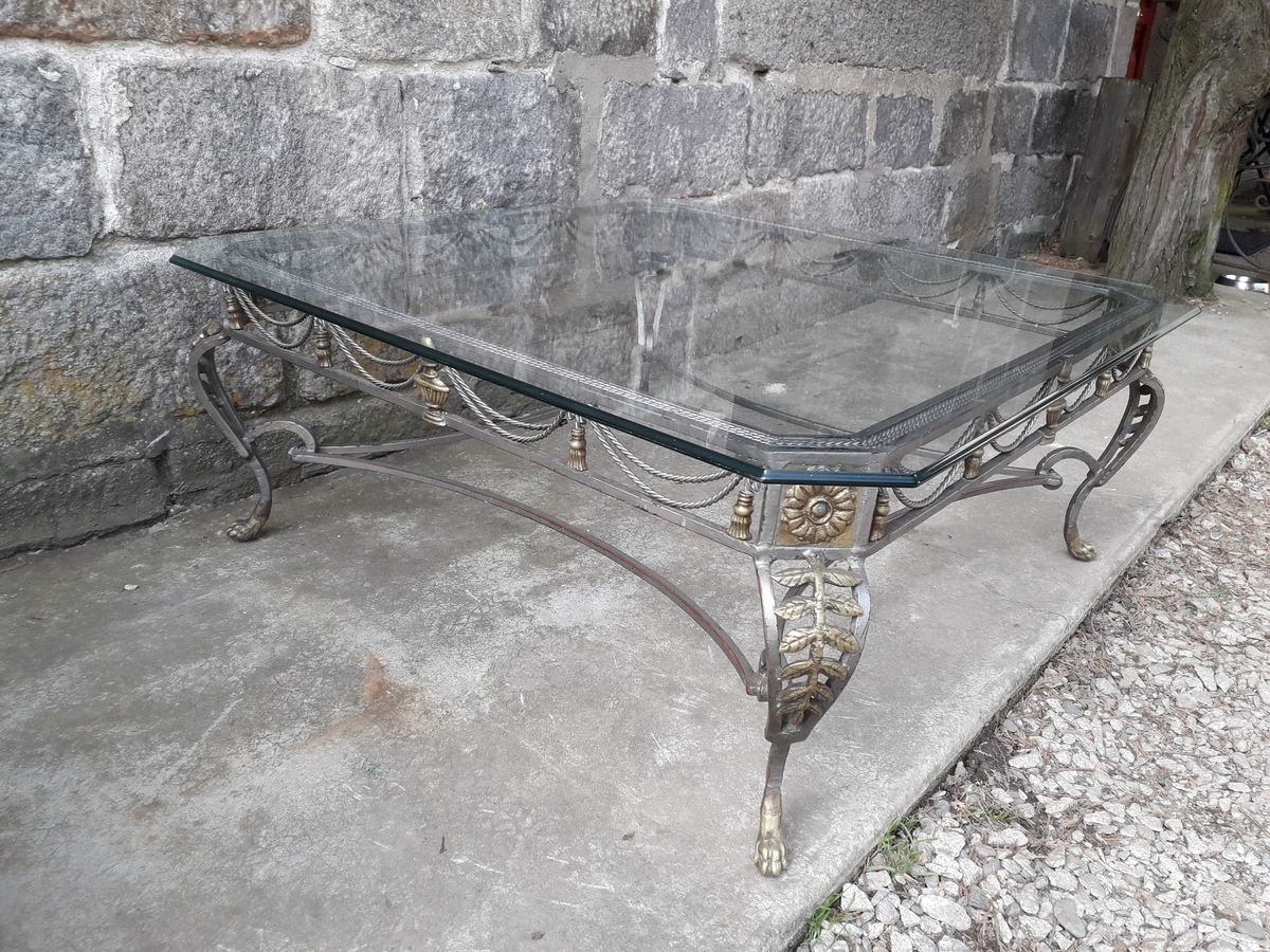 Large Wrought Iron Coffee Table With Glass Top 1950s For Sale At Pamono