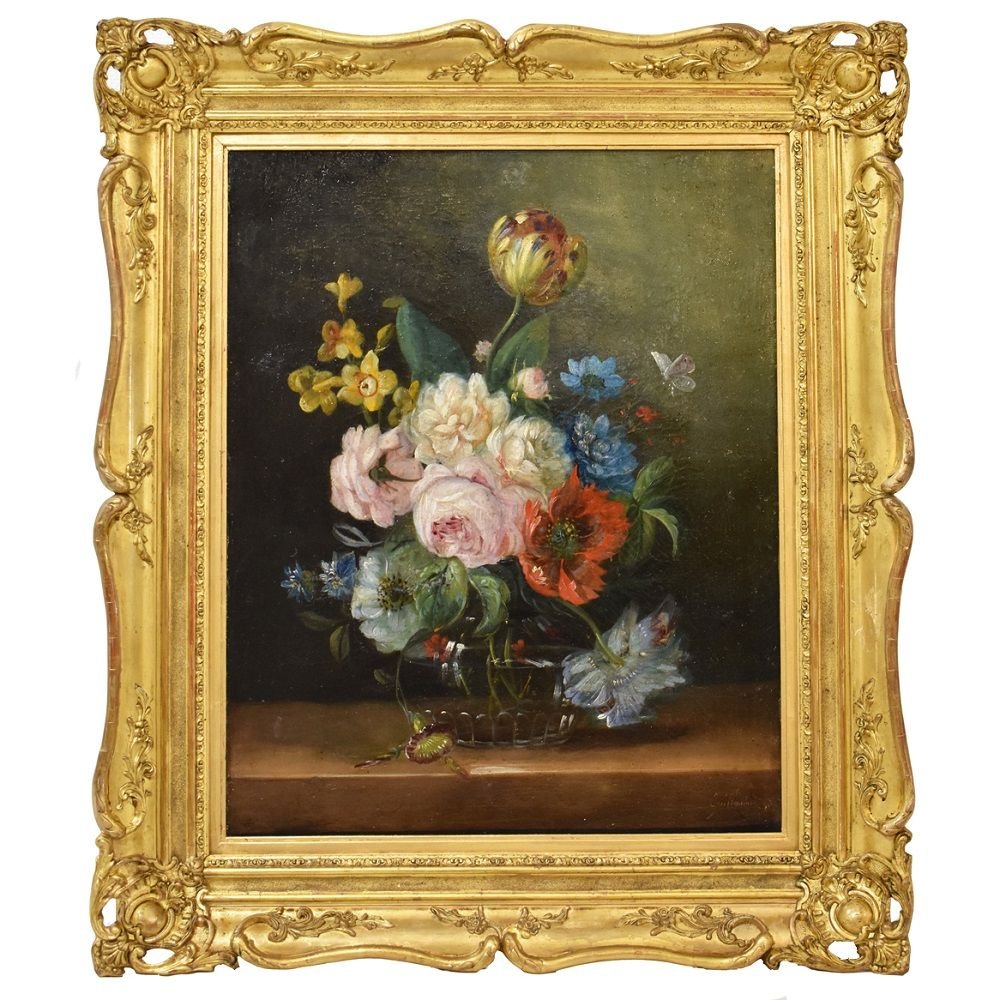 Antique Flower Painting Tulips And Roses Oil On Canvas 19th Century For Sale At Pamono