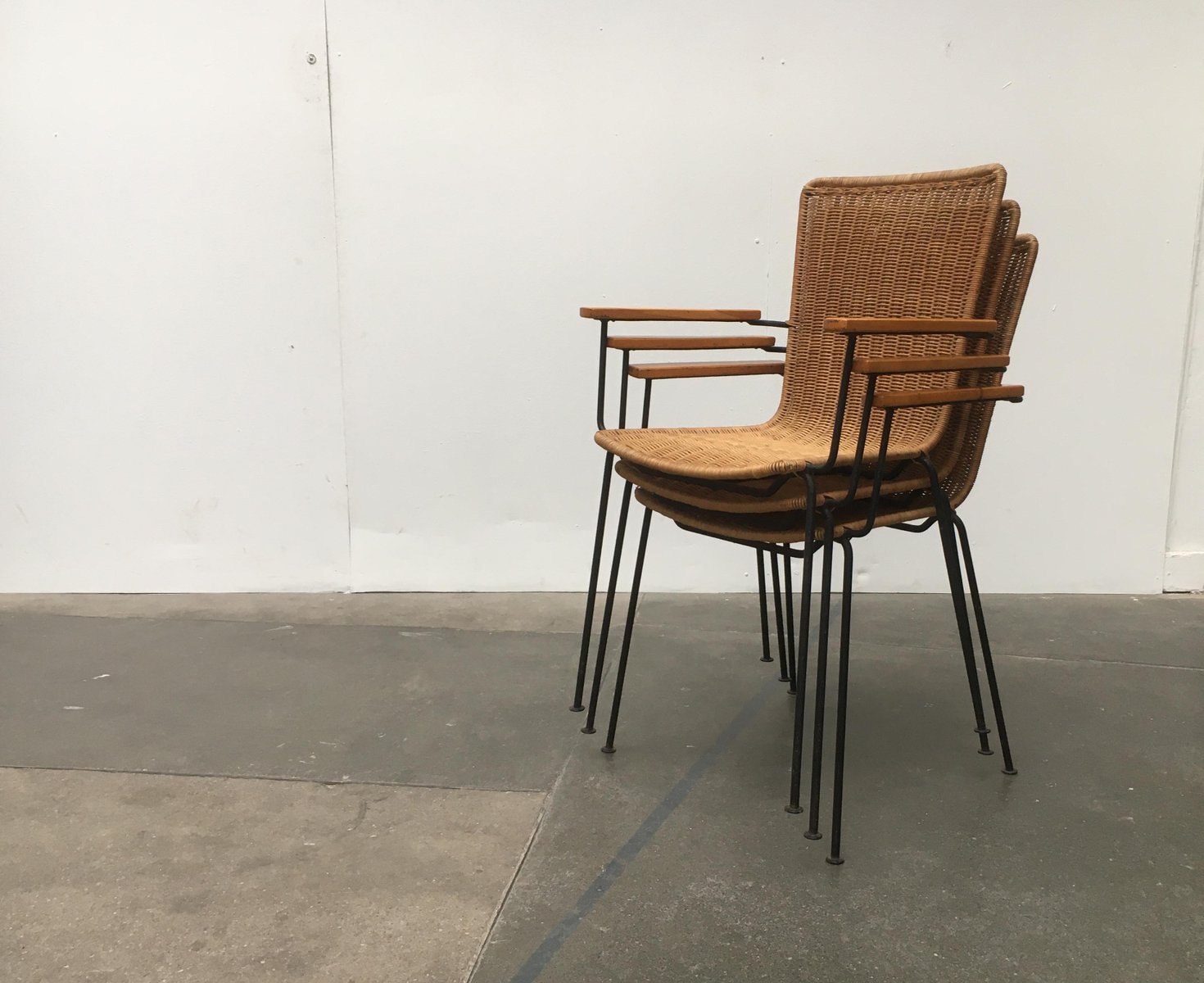 MidCentury Modern Metal & Rattan Dining Chairs, Set of 3 for sale at