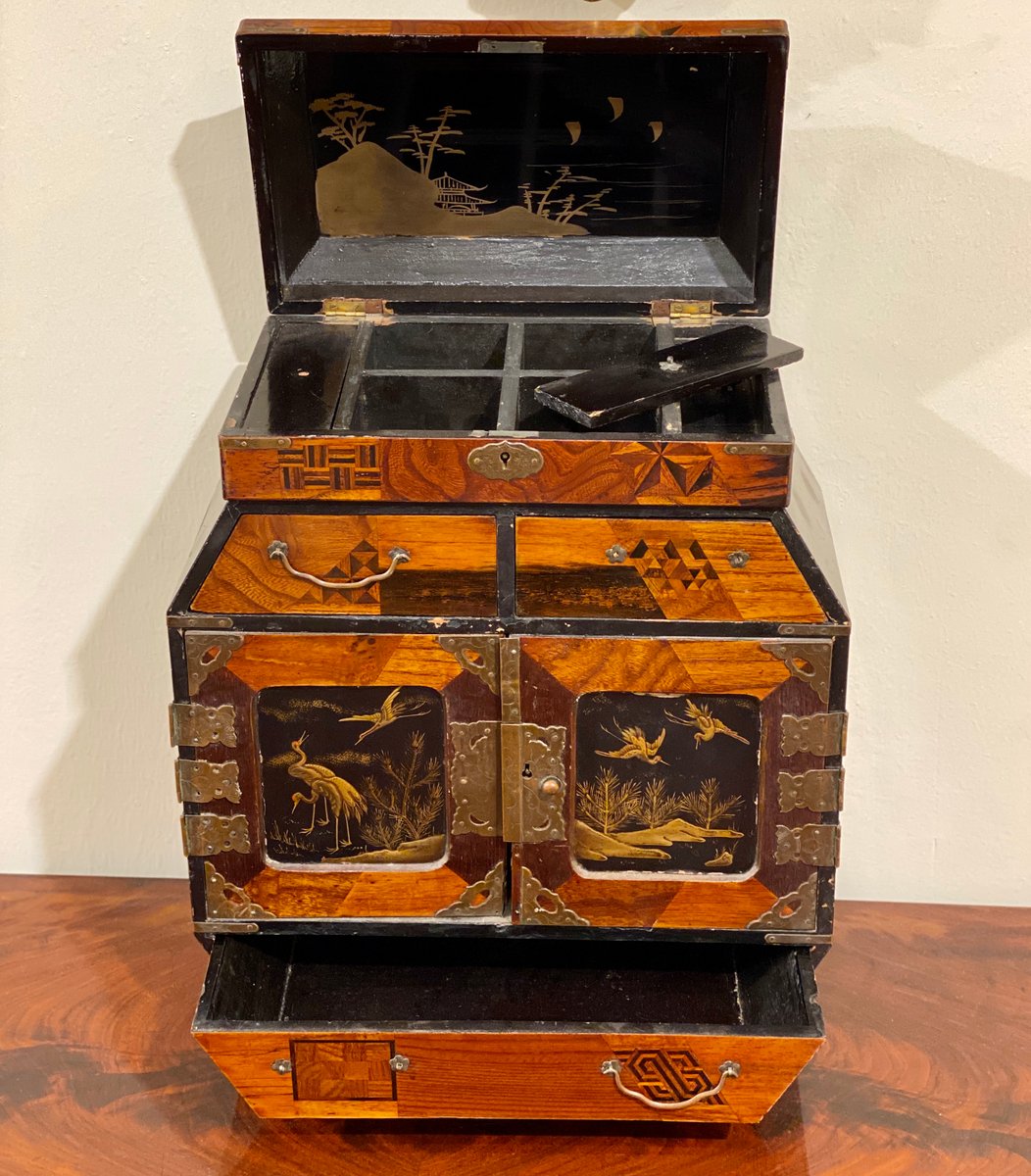 Antique Chinese Inlaid Wood Jewelry Box with Decorations in Relif