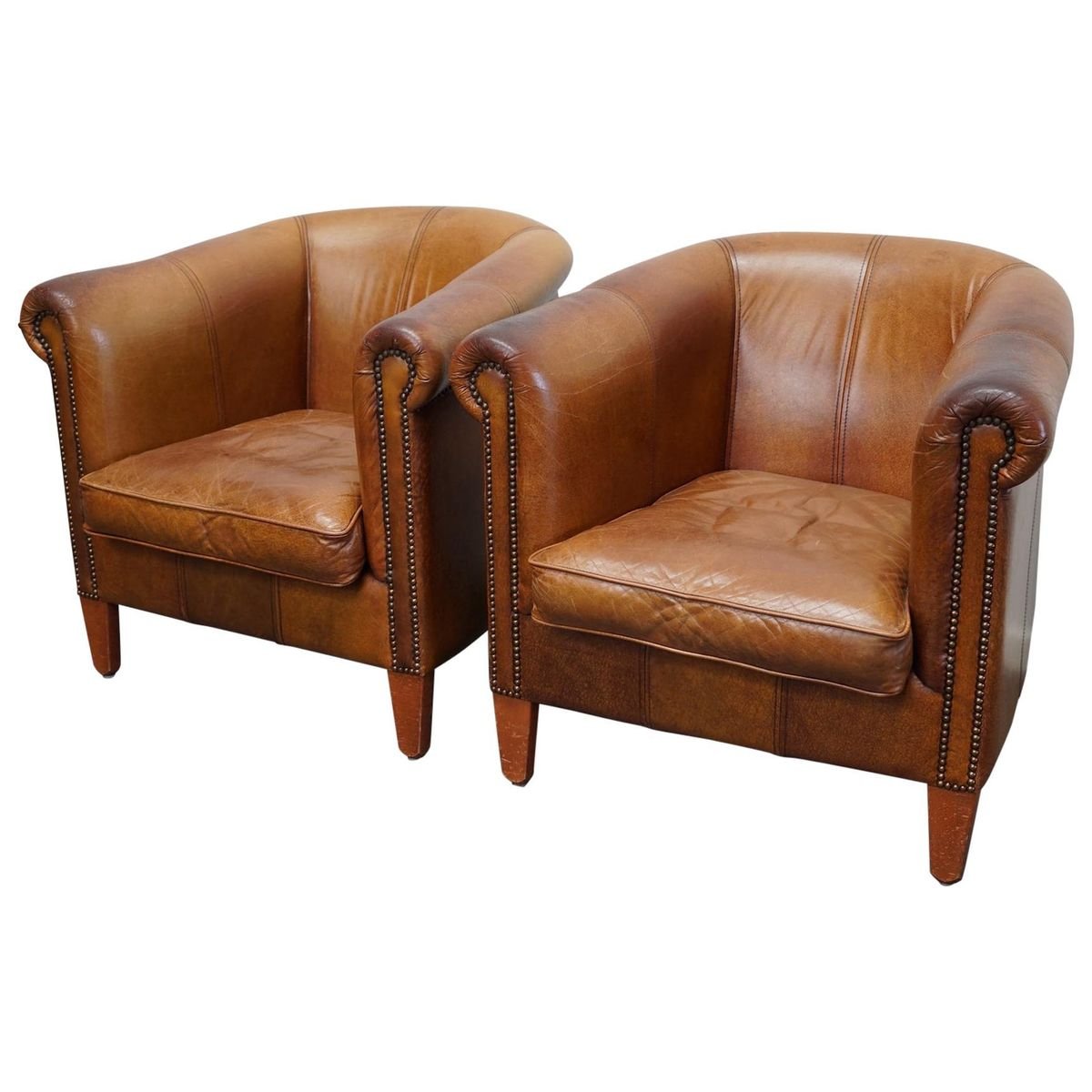 Vintage Dutch Cognac Colored Leather Club Chairs