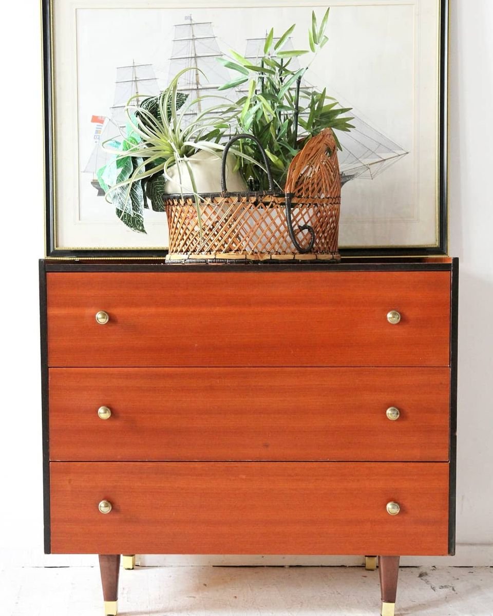 Vintage Chest of Drawers with Black Trim and Gold Knobs for sale at Pamono