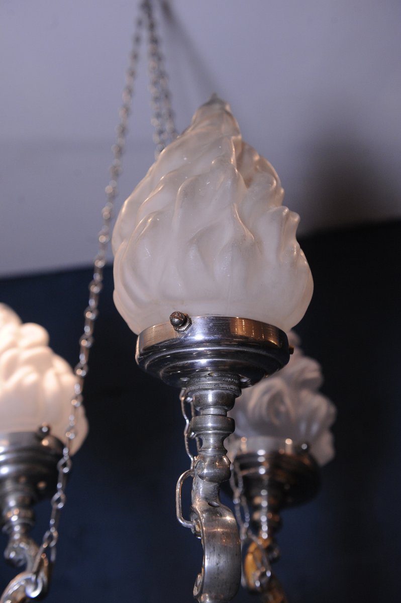 Vintage Art Deco 3Branch Chrome & Brass Suspension Light for sale at