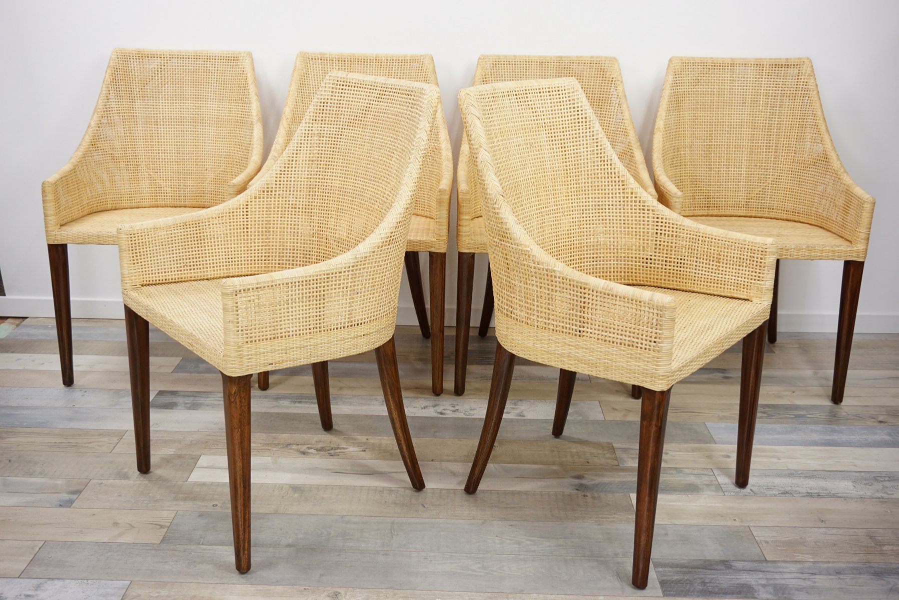 French Rattan Wood Dining Chairs Set Of 6 For Sale At Pamono