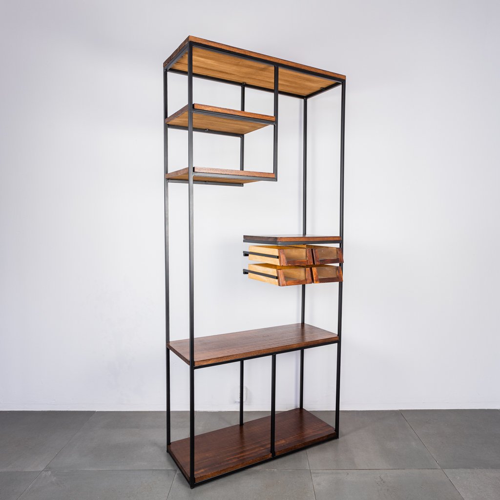 Industrial Iron Wood Bookcase 1970s, Black Iron And Wood Bookcase