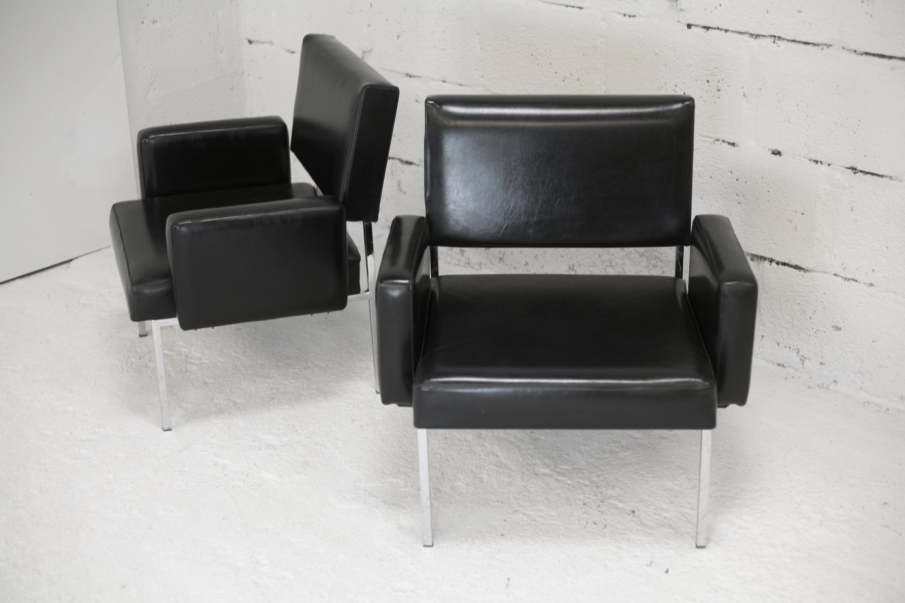 Black Leatherette Armchairs with Stainless Steel Legs, France, 1970s
