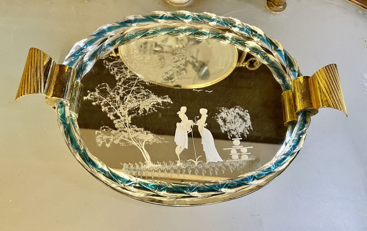 Etched Mirror Murano Glass Tray for sale at Pamono