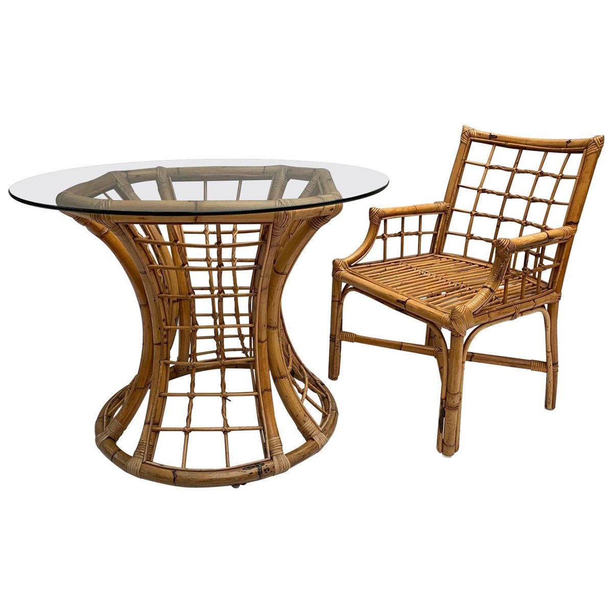 Rattan Tisch mit Glasplatte bei Pamono kaufen