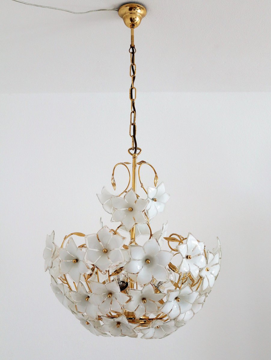 Vintage Italian Chandelier With Murano Glass Flowers And Golden Metal 1970 For Sale At Pamono