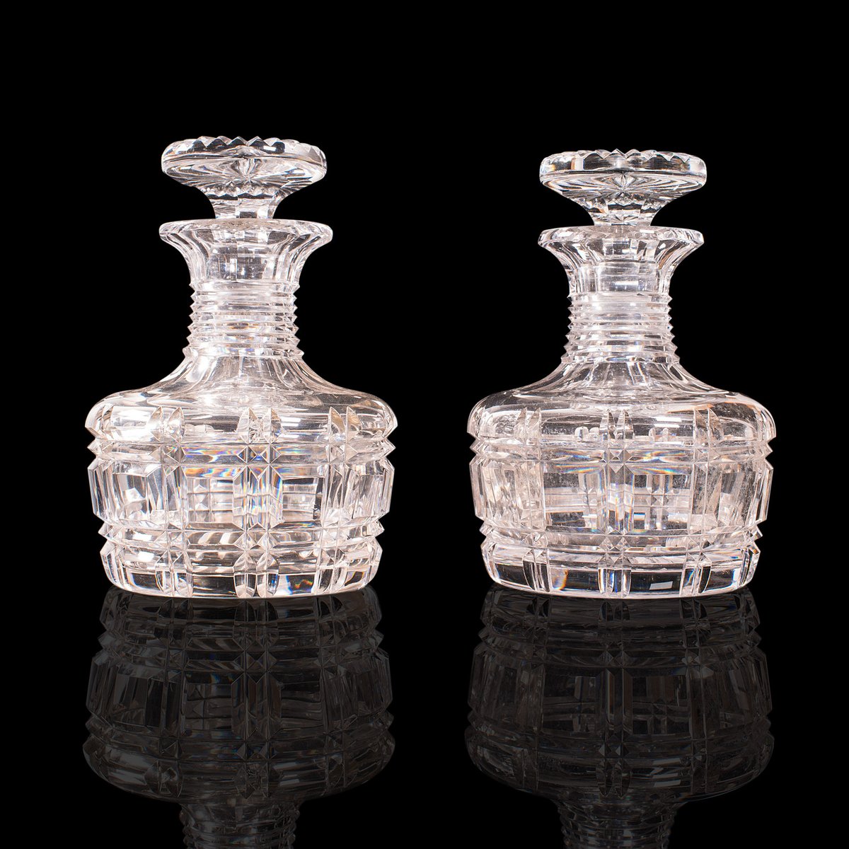Antique Edwardian English Glass Sherry Decanters, Set of 2 for sale at