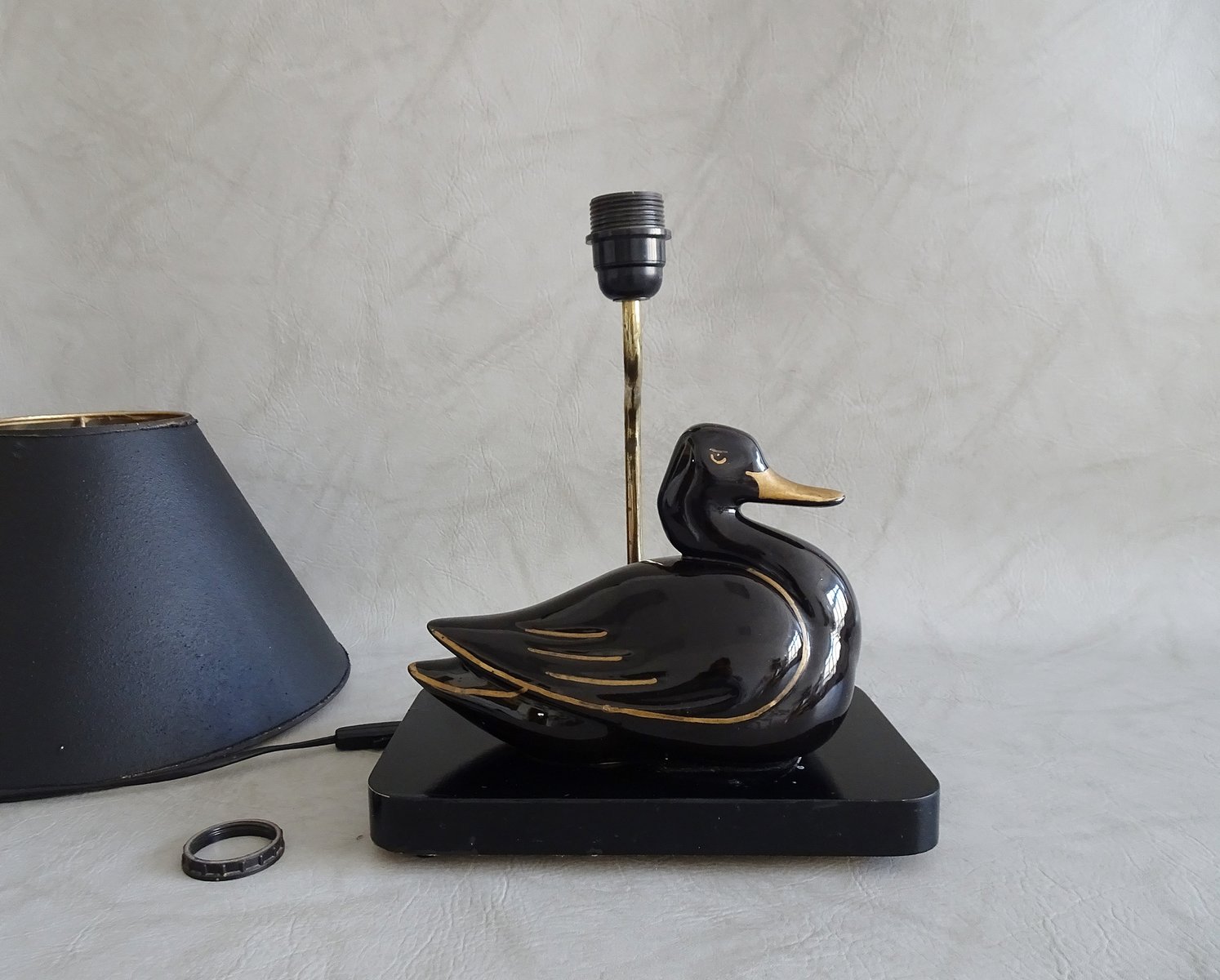Duck Table Lamp in Black & Gold Ceramic, 1970s for sale at Pamono