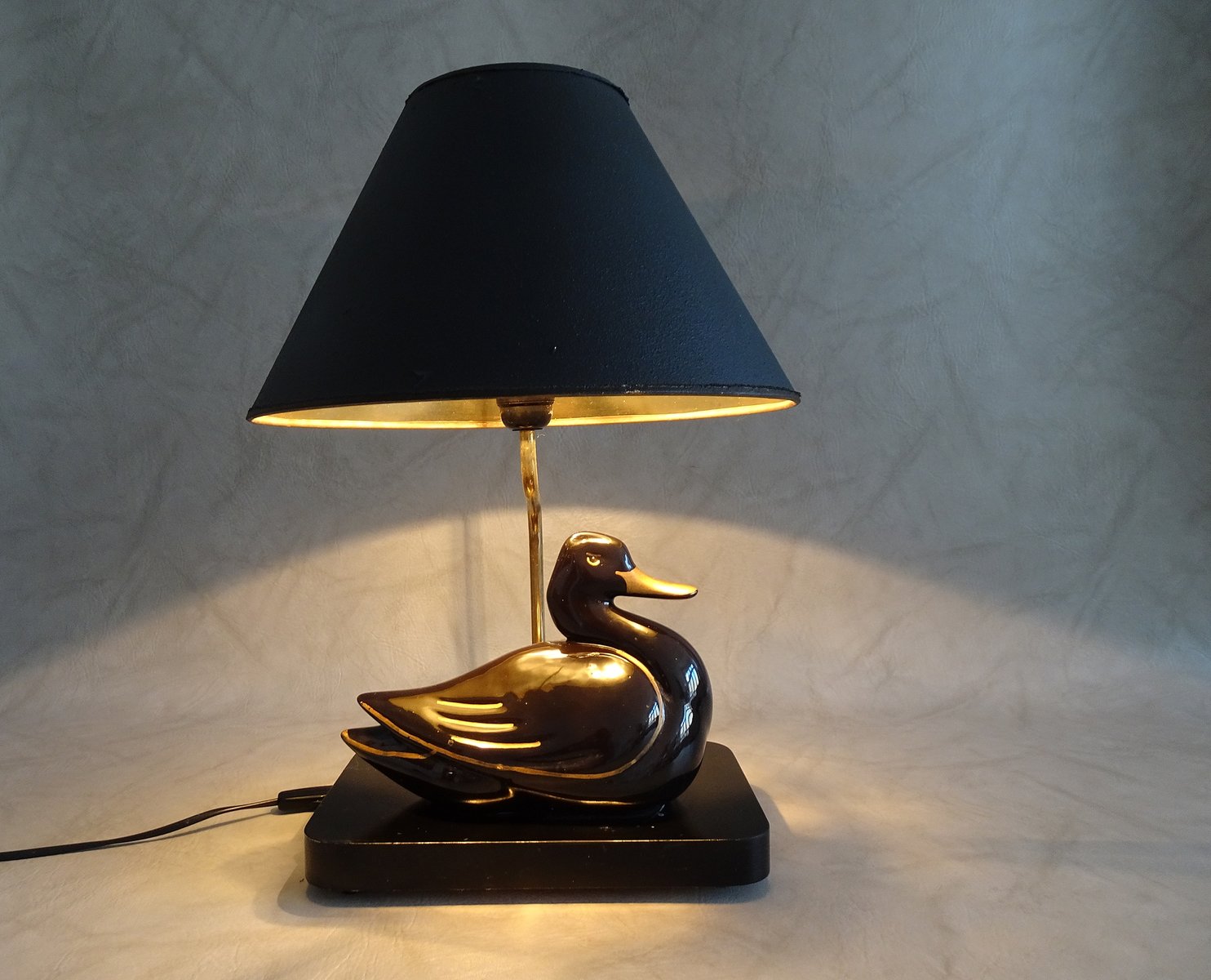 Duck Table Lamp in Black & Gold Ceramic, 1970s for sale at Pamono