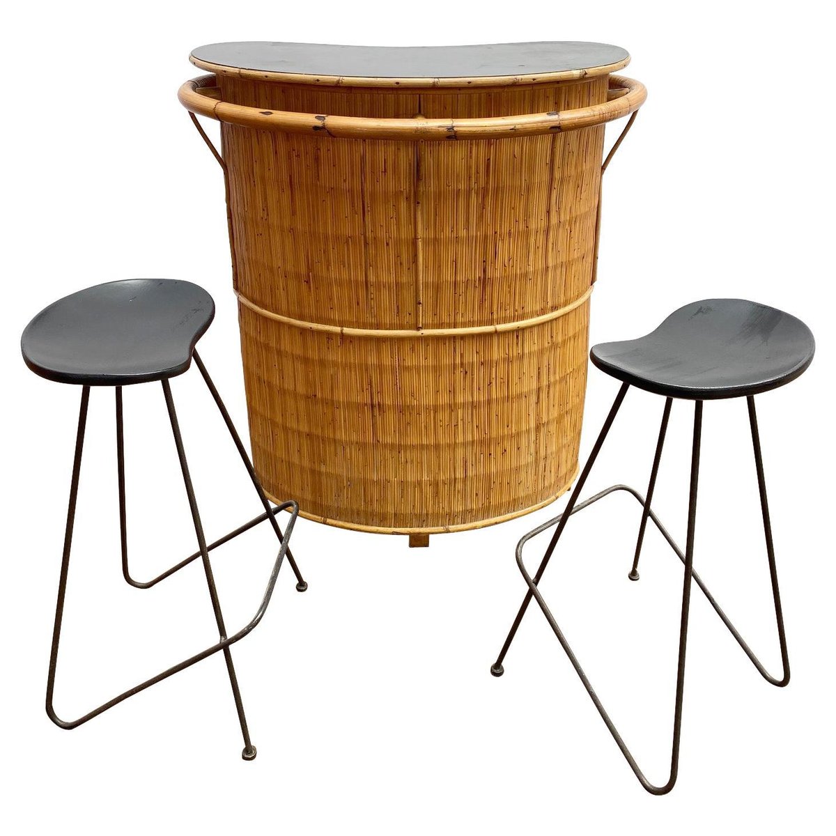 MidCentury Bamboo Bar and 2 High Stools, 1960s, Set of 3 for sale at