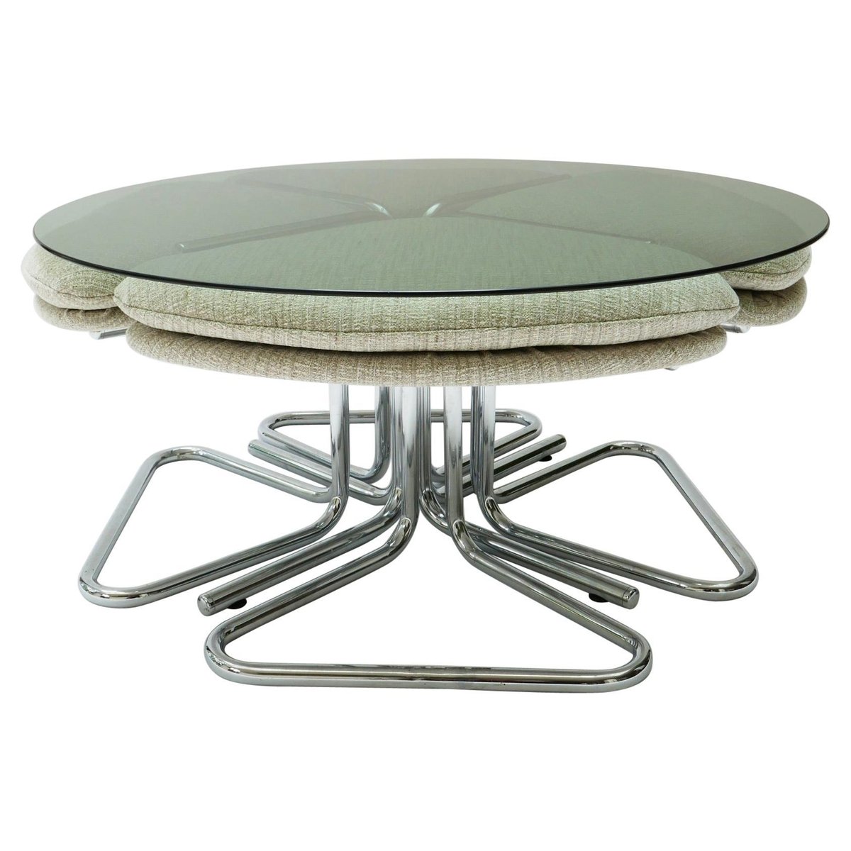 Round Smoked Glass And Chrome Coffee Table With Four Nesting Stools 1970s Set Of 5 For Sale At Pamono
