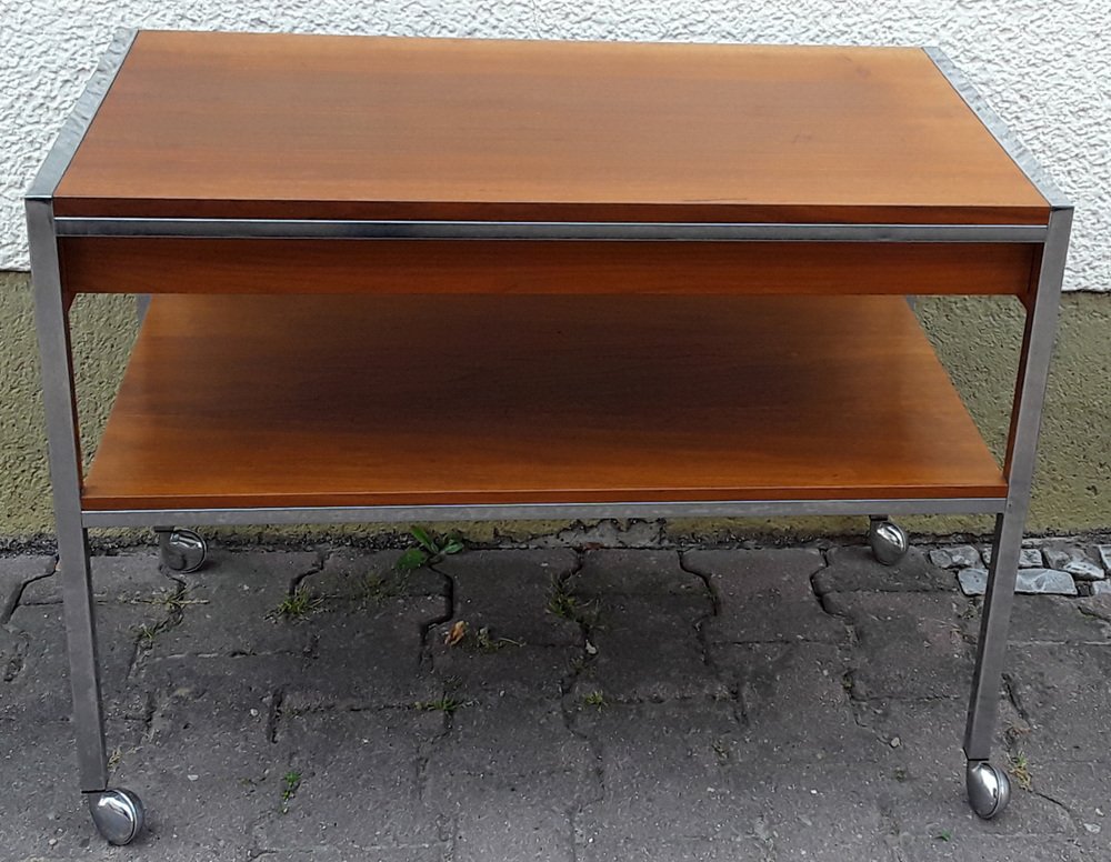 Vintage Table on Wheels with Chromed Steel Tube Frame, Teak Veneer