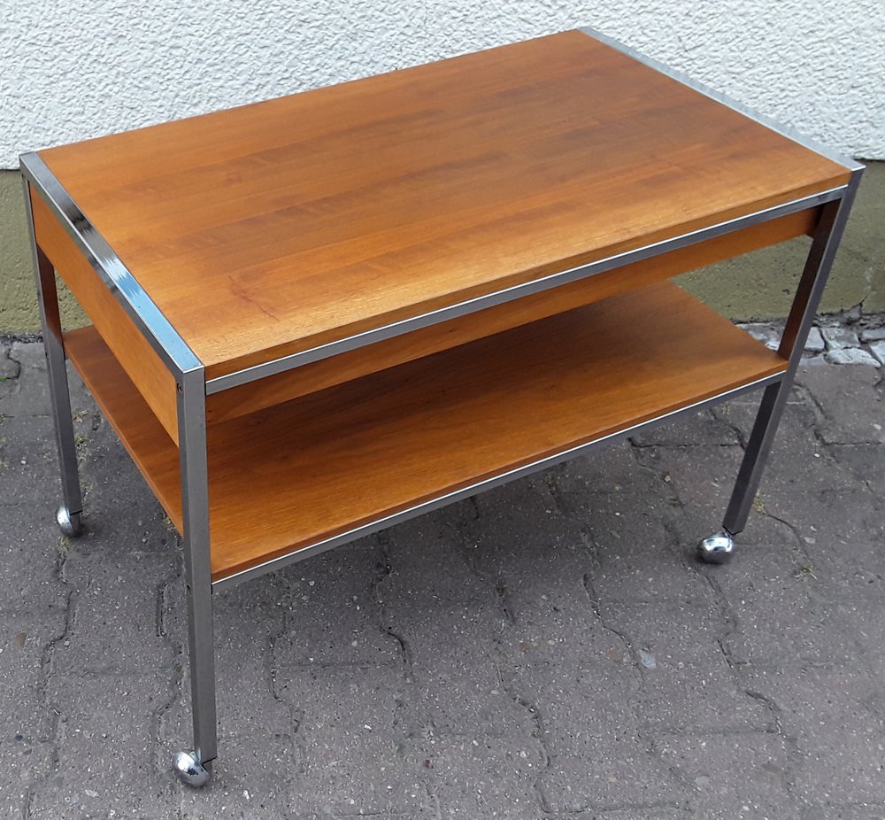 Vintage Table on Wheels with Chromed Steel Tube Frame, Teak Veneer