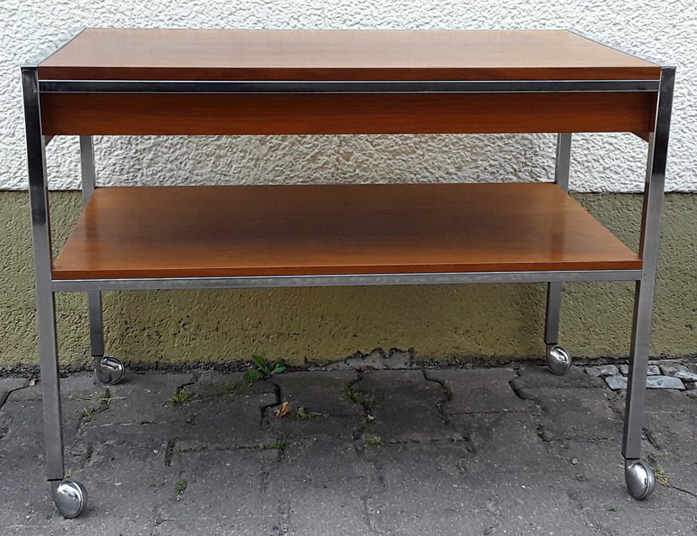 Vintage Table on Wheels with Chromed Steel Tube Frame, Teak Veneer