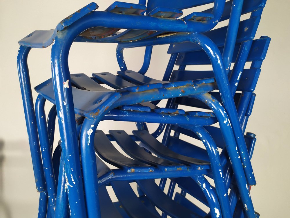 Blue Metal Dining Chairs, Set of 14 for sale at Pamono