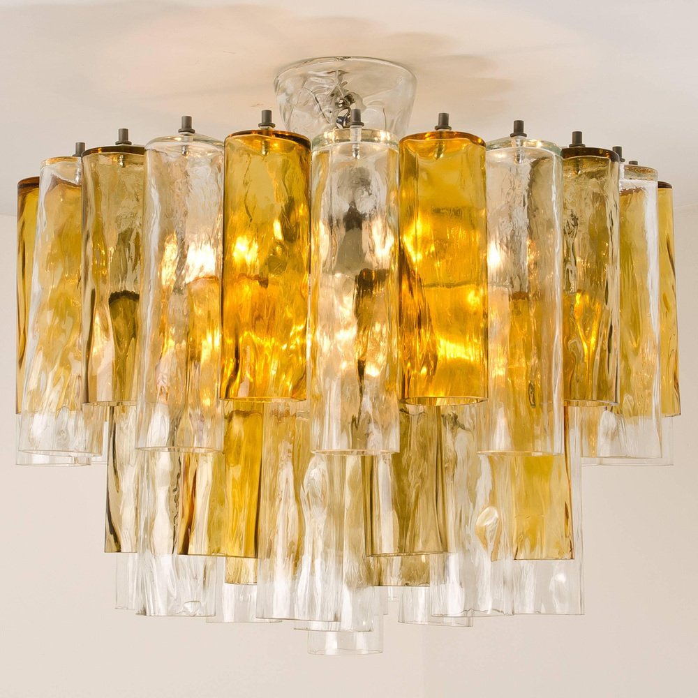 Large Chandelier by Barovier & Toso in Ocher and Clear Glass Tubes for