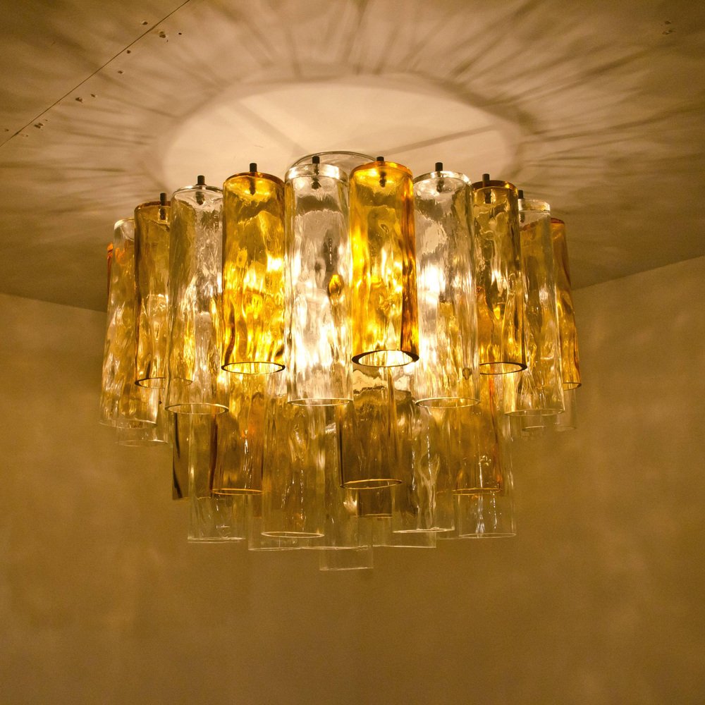 Large Chandelier by Barovier & Toso in Ocher and Clear Glass Tubes for