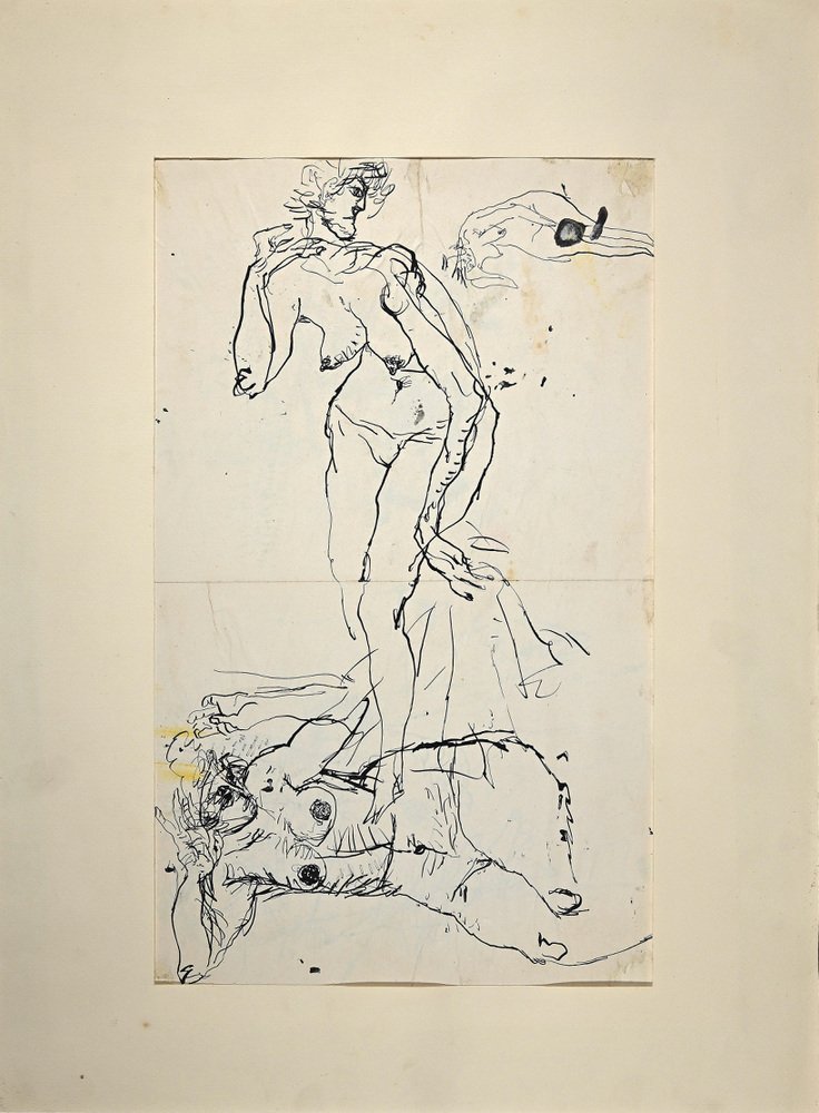 Sergio Barletta Nude Figures Original China Ink Drawing 1958 For 