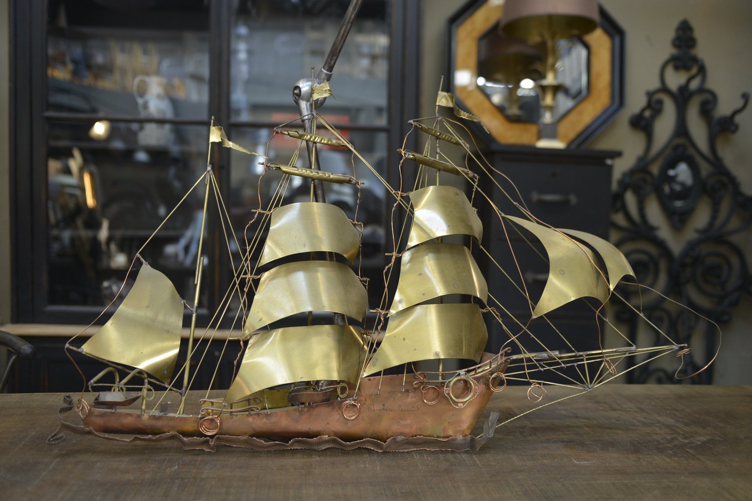 Copper Boat Sculpture with Two Bulbs for sale at Pamono