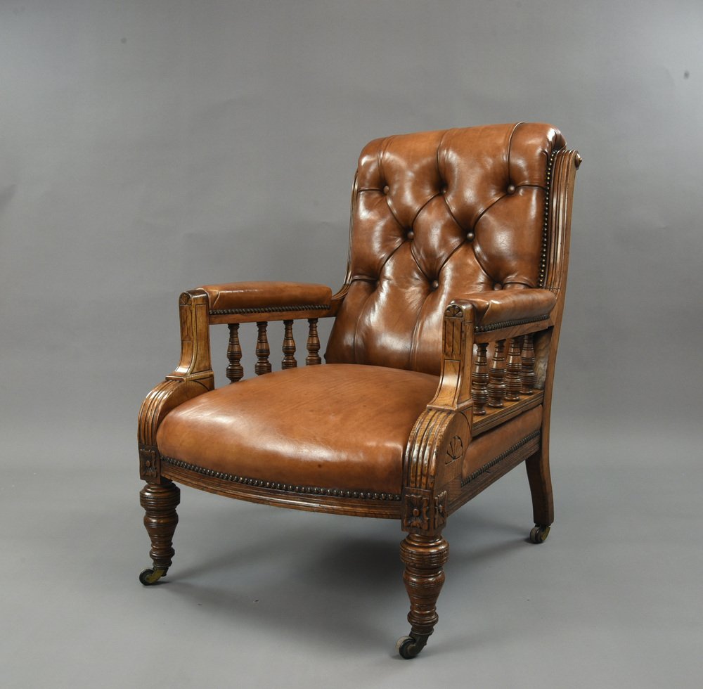 Antique Victorian Oak Leather Library Chair For Sale At Pamono
