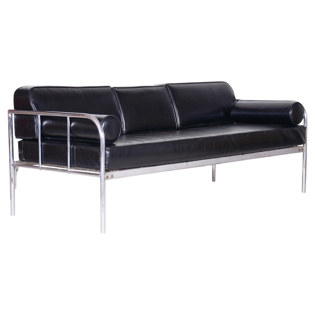 Restored Bauhaus Leather and Chrome Sofa from Vichr a Spol